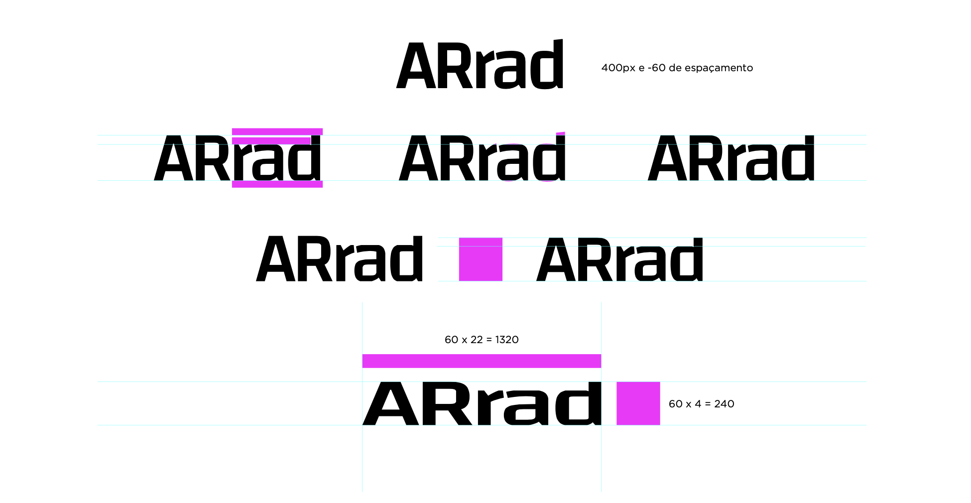 Estudo tipográfico do wordmark ARrad com grid e proporções