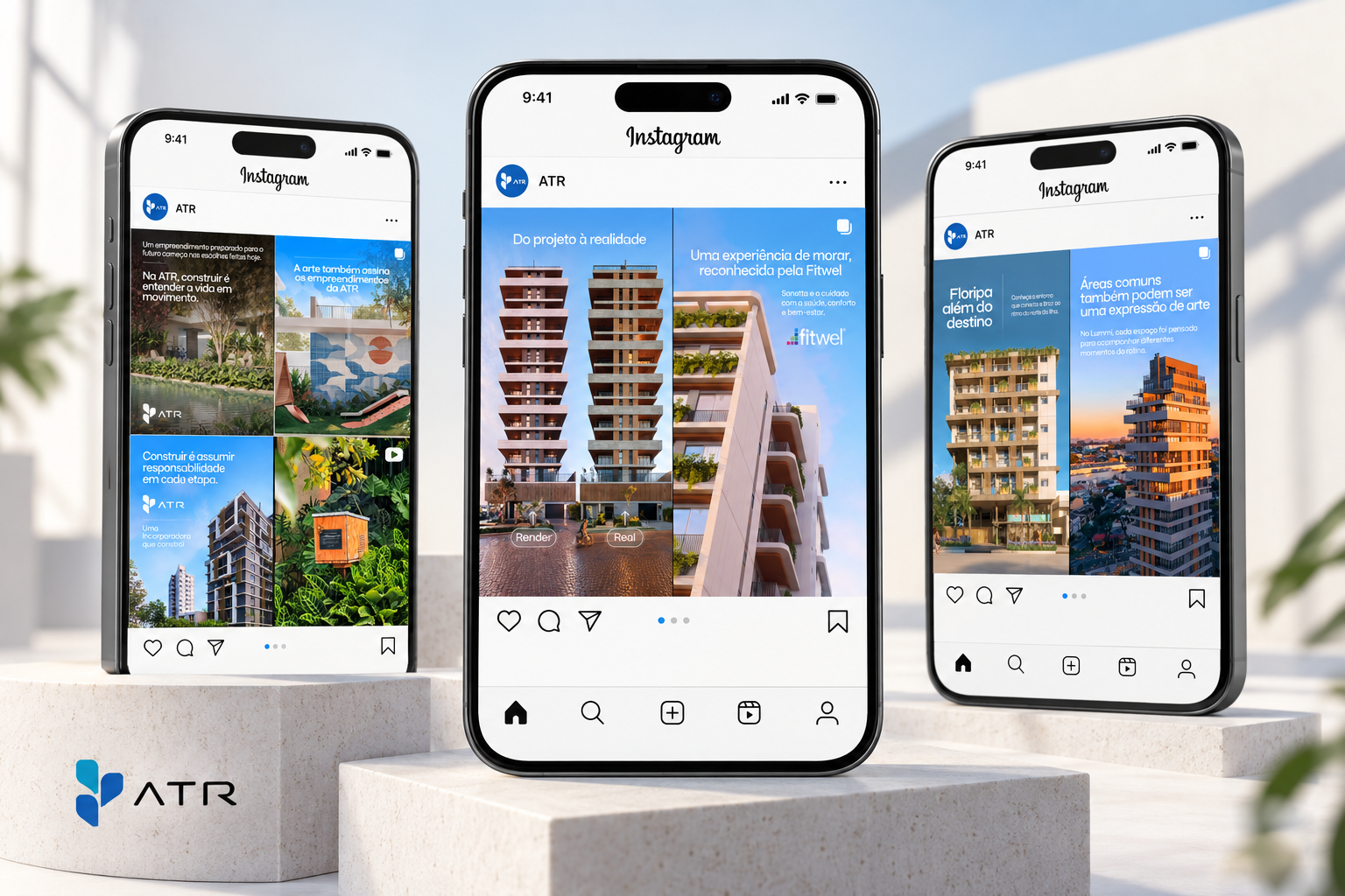 Perfil da ATR no Instagram apresentado em três telas de celular: posts institucionais, comparativo entre render e obra real e conteúdos dos empreendimentos