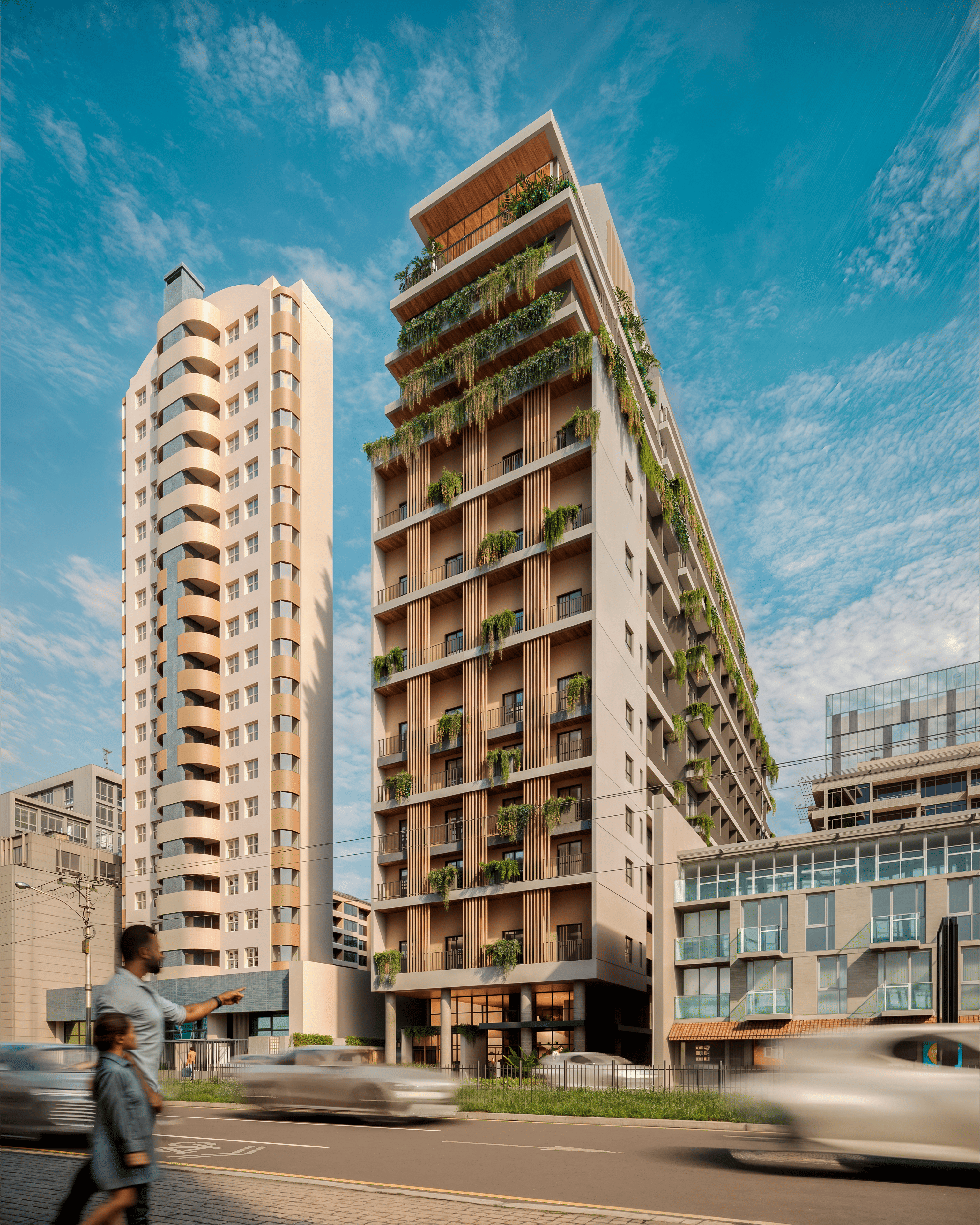 Empreendimento da ATR visto da rua, com brises de madeira e vegetação nas sacadas