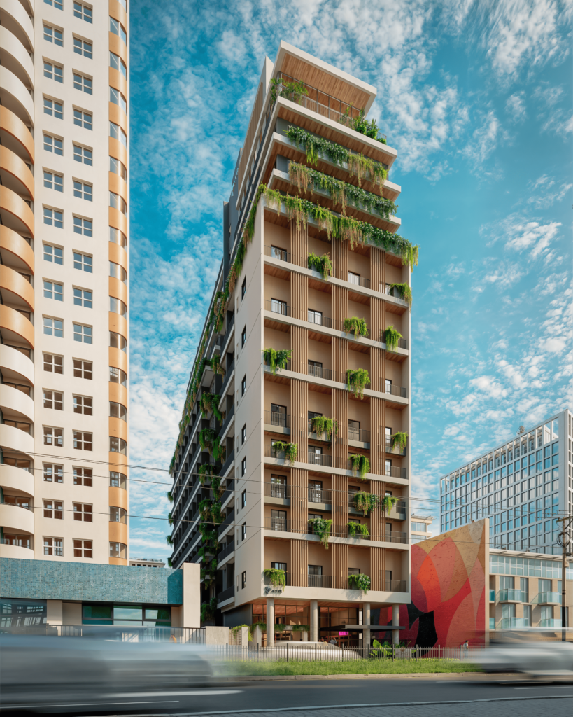 Torre da ATR em contexto urbano, com fachada vegetada