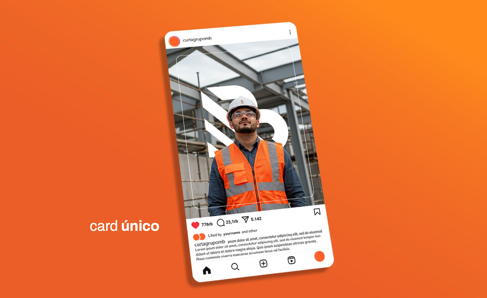 Card único com engenheiro em obra e o símbolo da marca em marca d'água