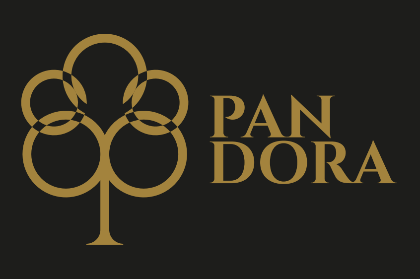 Assinatura horizontal da Pandora em dourado sobre cinza