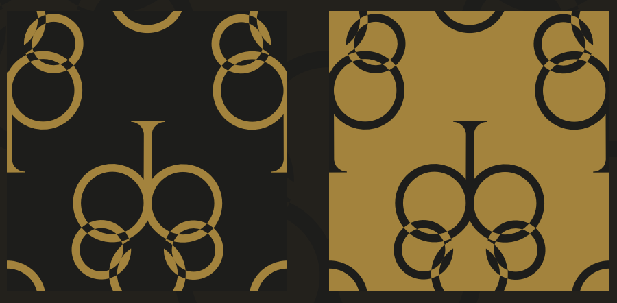 Pattern da marca em dourado sobre cinza e em cinza sobre dourado