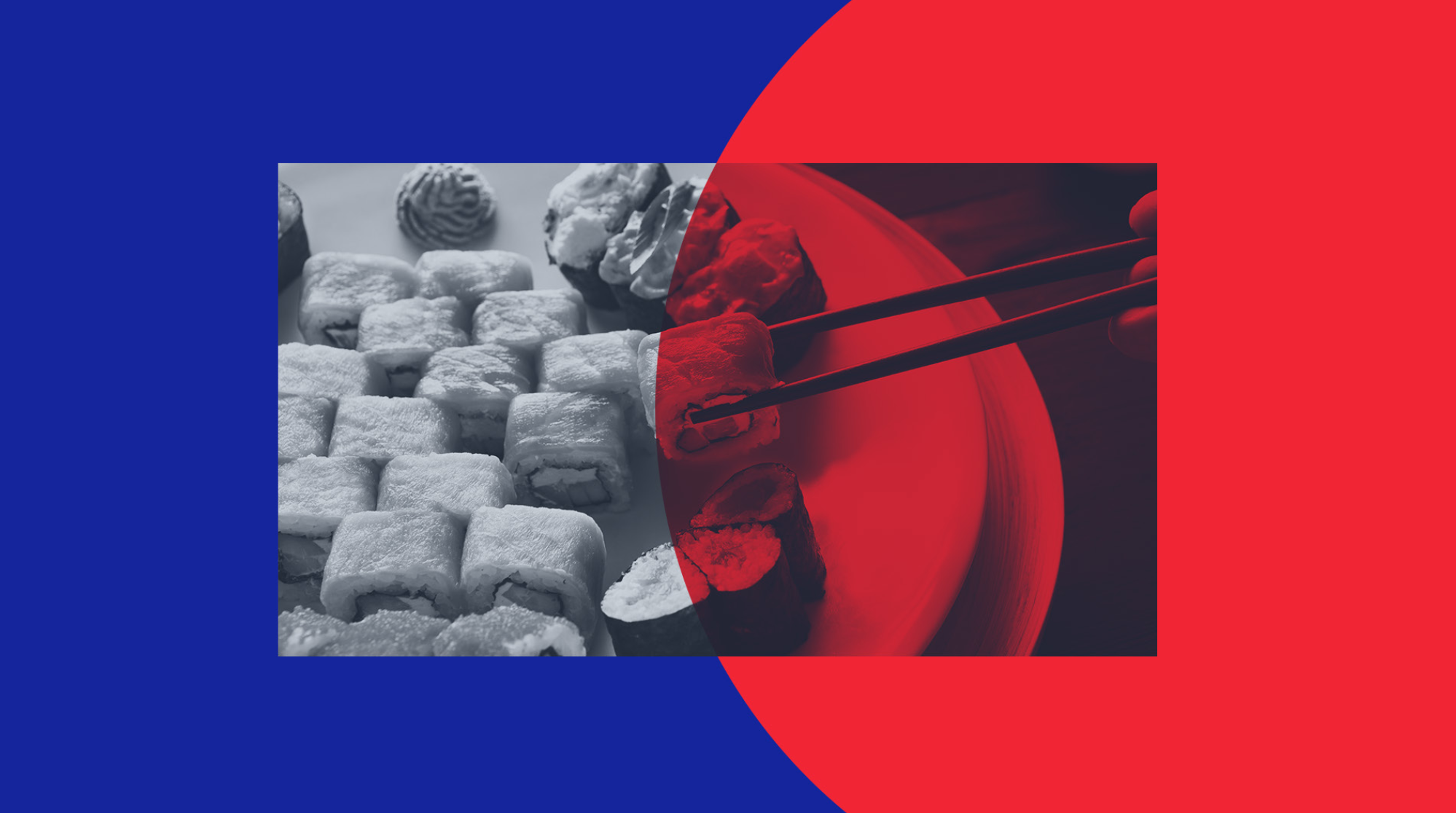 Composição em azul e vermelho com sushi em duotone e o círculo da marca